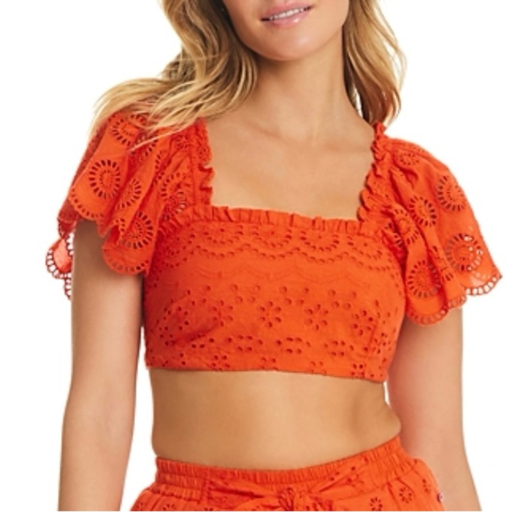 Red Carter Orange Eyelet  Flutter Sleeve  Coverup Top